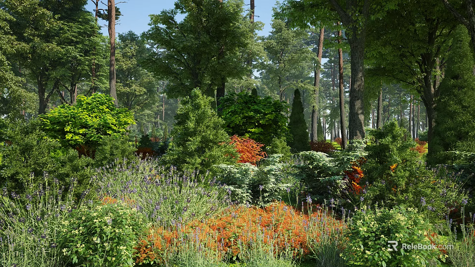 Vibrant Forest Garden With Diverse Green Plants Tall Trees And Colorful Flowers 3d model 