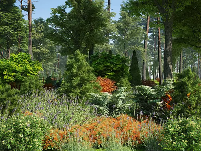 Vibrant Forest Garden With Diverse Green Plants Tall Trees And Colorful Flowers 3d model