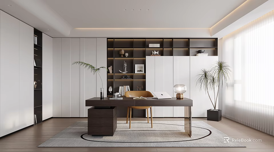 Modern Study Room Interior With Dark Wooden Desk Chair Bookshelves And Decorative Plants 3d model 