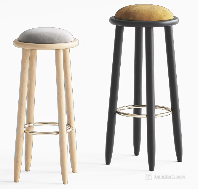 Modern Wooden Bar Stools With Metal Footrest In Beige And Black 3d model 