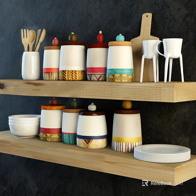 Colorful Ceramic Vessels with Decorative Patterns on Wooden Shelves Including Jars Cups Bowls and Plates 3d model 