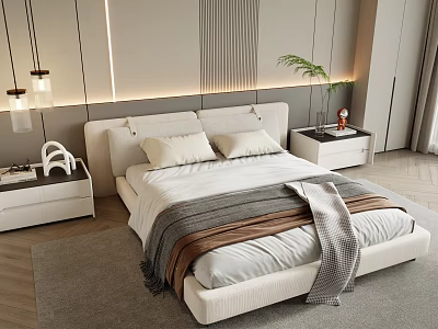 Modern Double Bed with Soft Headboard Cozy Bedding Nightstands Featuring Decorative Items and Potted Plant 3d model