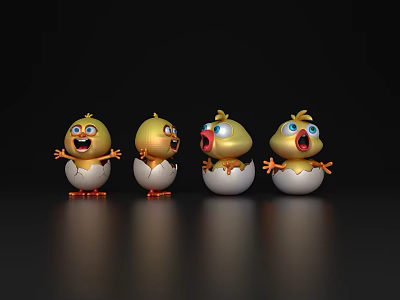 Four Cute Baby Reptiles Hatching From Cracked Eggs With Happy Expressions 3d model