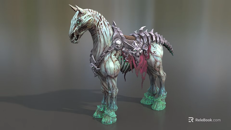 Mythical Skeleton Horse With Ornate Saddle Green Hooves And Red Accents 3d model 