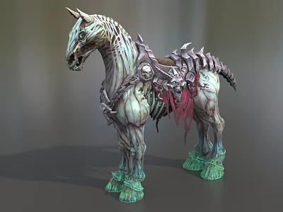 Mythical Skeleton Horse With Ornate Saddle Green Hooves And Red Accents 3d model