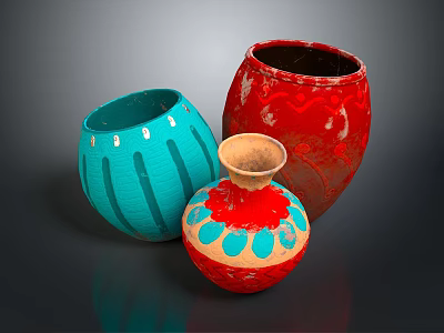 Three Decorative Ceramic Vases With Blue Red Patterns And Unique Designs 3d model