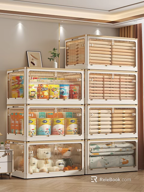 Multi tiered Storage Cabinets With Transparent Doors And Rattan Elements For Food Storage 3d model 