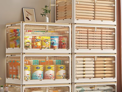 Multi tiered Storage Cabinets With Transparent Doors And Rattan Elements For Food Storage 3d model