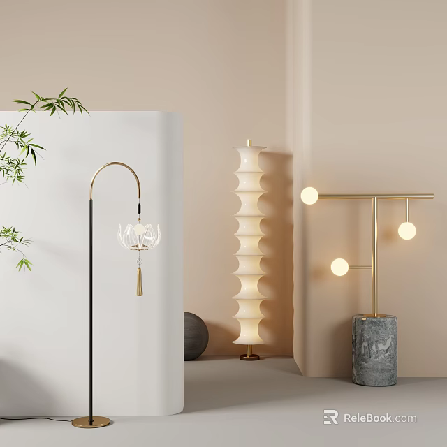 Contemporary Floor Lamps With Curved Frame Layered Shade And Spherical Lights 3d model 