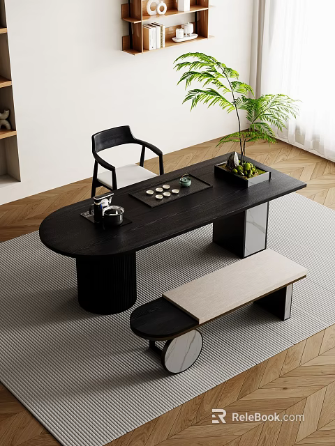 Modern Black Tea Table with Chair Bench and Tea Accessories in Minimalist Room 3d model 