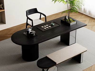 Modern Black Tea Table with Chair Bench and Tea Accessories in Minimalist Room 3d model