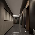 Modern Hotel Corridor With Dark Wooden Walls And Polished Floor Recessed Lighting