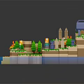 3D Pixel Style Castle Building With Green Trees Water Sand Beach And Characters