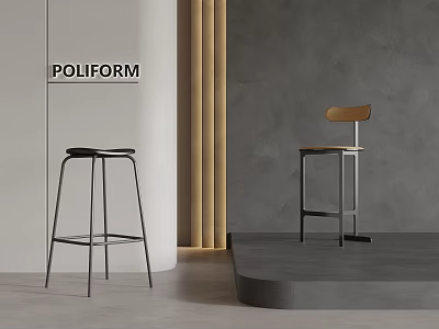 Poliform Modern Bar Stools With Black Seat And Wooden Backrest Against Gray Wall And Golden Column 3d model