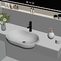 Modern Bathroom Vanity With Oval Sink Backlit Mirror Flower Vase And Skincare Products