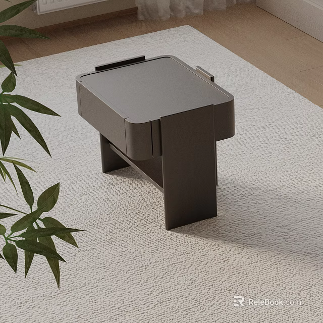 Modern Dark Gray Bedside Table With Green Plant On Light Colored Rug 3d model 
