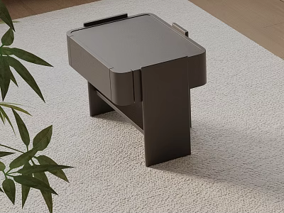 Modern Dark Gray Bedside Table With Green Plant On Light Colored Rug 3d model