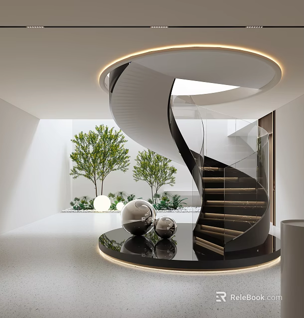 Modern Spiral Staircase In Bright Space With Plants And Decorations 3d model 