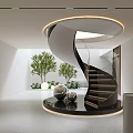 Modern Spiral Staircase In Bright Space With Plants And Decorations