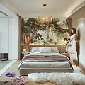 Stylish Modern Bedroom Interior With Tropical Leaf Mural Wall Chandelier Built-in Cabinets And Fluffy Rug