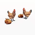 Two Brown Roosters And Roast Chicken Displayed On White Background 3d model