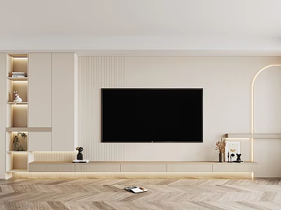 Modern TV Wall Interior Design With LED Lighting Storage Cabinets And Display Shelves 3d model