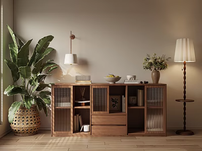 Wooden Console Cabinet for Entryway with Glass Doors Decorative Items Floor Lamp and Plant 3d model