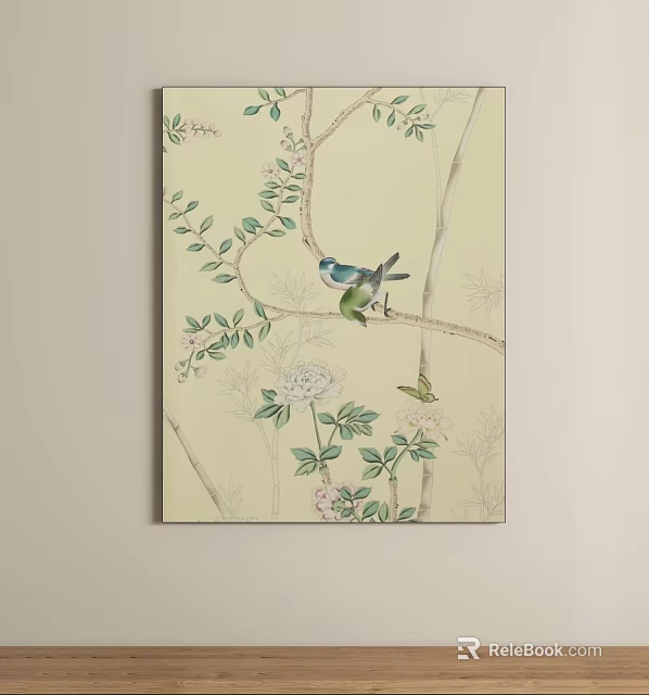 Oil Painting With Bamboo Branches Green Leaves Pink Flowers Blue Green Birds And Butterfly Decor 3d model 