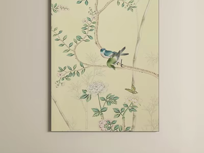 Oil Painting With Bamboo Branches Green Leaves Pink Flowers Blue Green Birds And Butterfly Decor 3d model