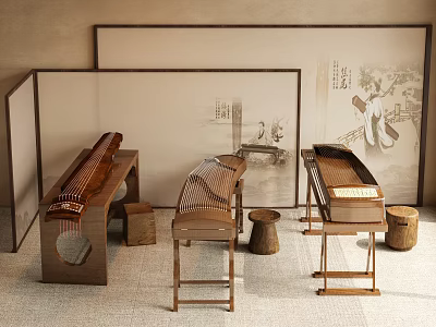Chinese Musical Instruments and Art Supplies with Guzheng on Wooden Stands and Background Paintings 3d model
