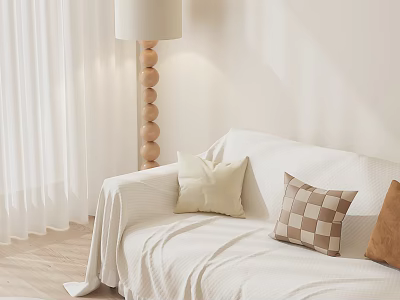 Cozy White Sofa Coffee Table Set with Beige Checkered Brown Pillows Wooden Bead Floor Lamp 3d model