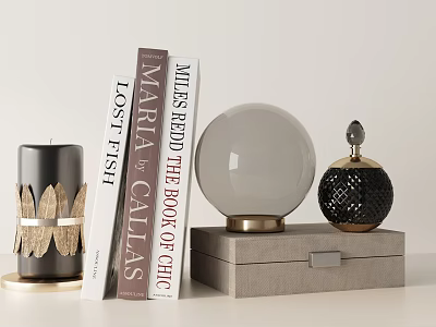 Elegant Decorative Ornament Set With Black Gold Candle Books Glass Sphere And Sequined Box 3d model