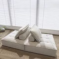 Light Gray Two Seater Sofa With Cushions On Wooden Floor By Window Blinds And Plant