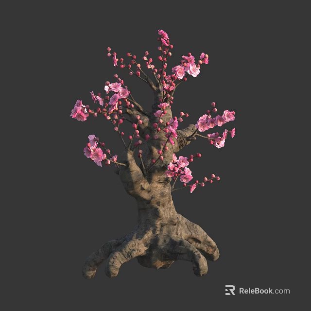 Blooming Arbor With Pink Blossoms Twisted Trunk And Gnarled Roots 3d model 