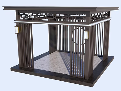 Traditional Chinese Wooden Pavilion with Carved Patterns and Lanterns on Tile Floor 3d model