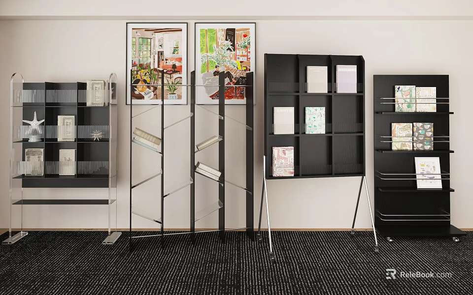 Modern Display Shelves With Black Metal Frame For Books And Magazines 3d model 