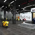 Modern Scooter Store Displaying Colorful Scooters Helmets And Large Screen Interior