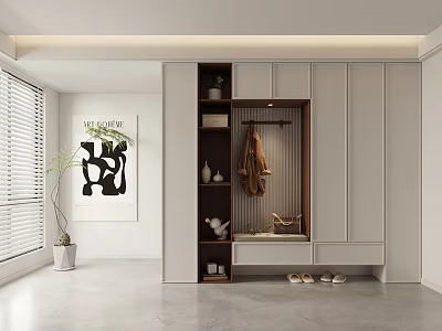 Modern Shoe Cabinet Design With Storage Bench Hanging Area And Decorative Elements 3d model