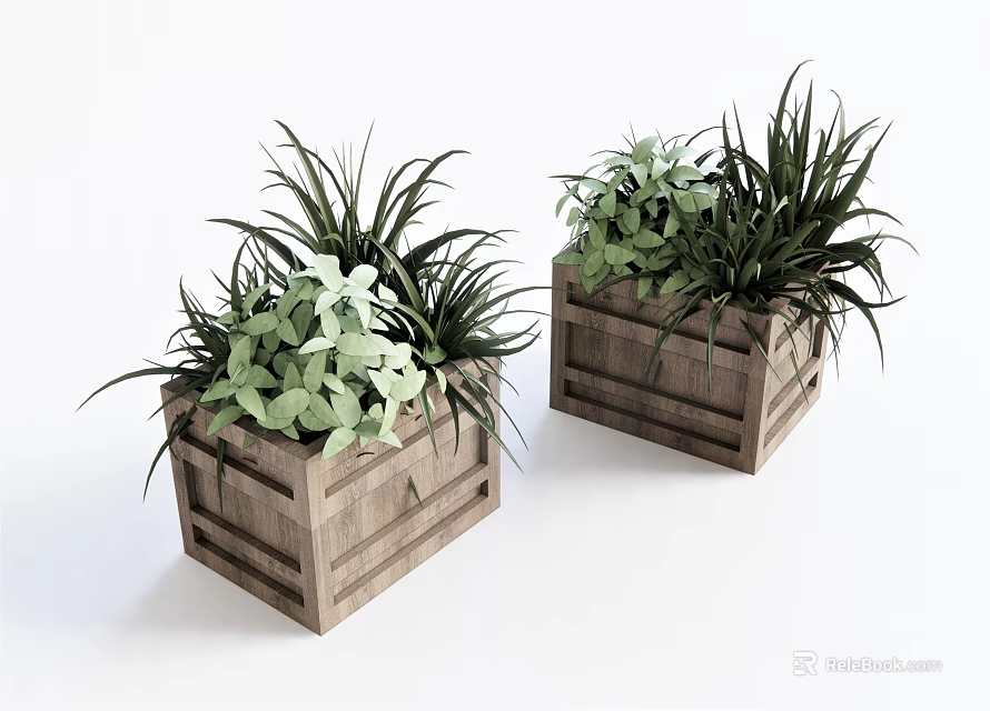 Decorative Potted Plants in Rustic Wooden Box Planters with Green Foliage 3d model 