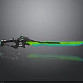 Futuristic Sci Fi Sword with Green Glowing Blade and Metallic Handle on Reflective Surface