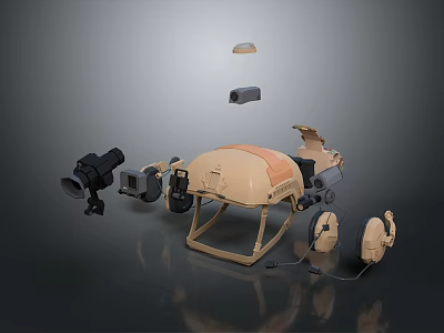 Tactical Weapon Equipment Components Featuring Helmet Optic Sight And Communication Headphones 3d model