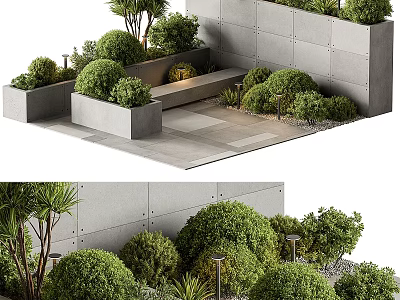 Lush Shrubs In Modern Outdoor Landscape With Concrete Planters Stone Wall And Slate Floor 3d model