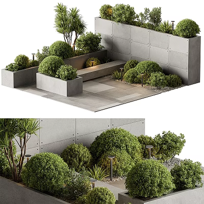 Lush Shrubs In Modern Outdoor Landscape With Concrete Planters Stone Wall And Slate Floor 3d model