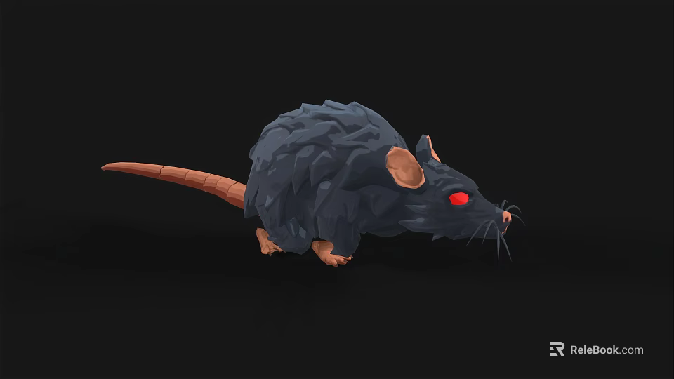 Low Poly Black Rat Character With Red Eyes And Brown Tail Paws 3d model 