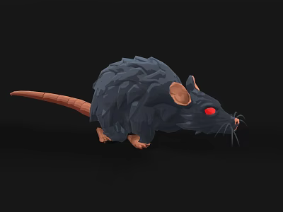 Low Poly Black Rat Character With Red Eyes And Brown Tail Paws 3d model