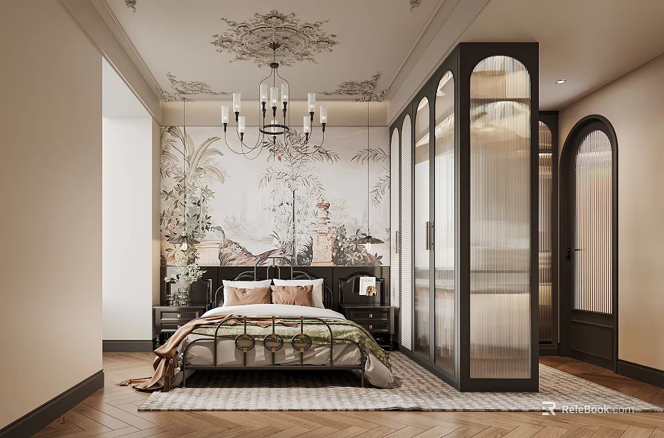 Elegant Bedroom Design With Ornate Ceiling Chandelier Floral Wallpaper Glass Partition And Wooden Floor 3d model 