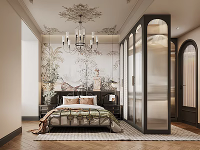 Elegant Bedroom Design With Ornate Ceiling Chandelier Floral Wallpaper Glass Partition And Wooden Floor 3d model