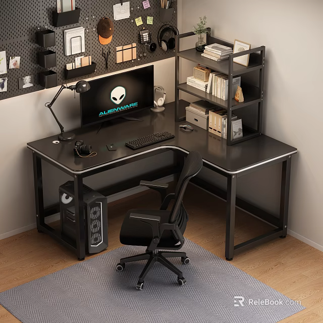 Modern Office Desk Setup With Computer Monitor Keyboard Mouse Desk Lamp And Bookshelf 3d model 
