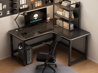 Modern Office Desk Setup With Computer Monitor Keyboard Mouse Desk Lamp And Bookshelf 3d model
