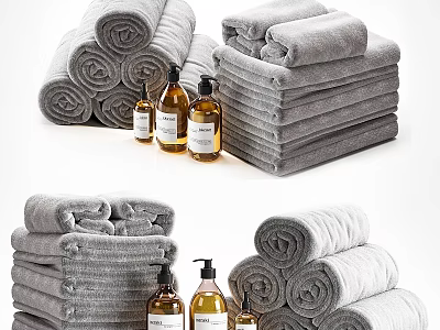 Soft Rolled And Stacked Towels With Gentle Cleanser Bottles For Daily Laundry Use 3d model